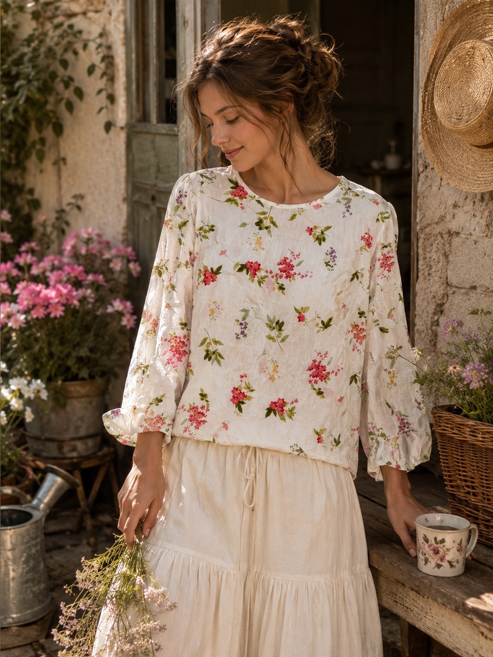 Venus White Floral Blouse Size 6 Cottagecore Romantic 100% Viscose Top